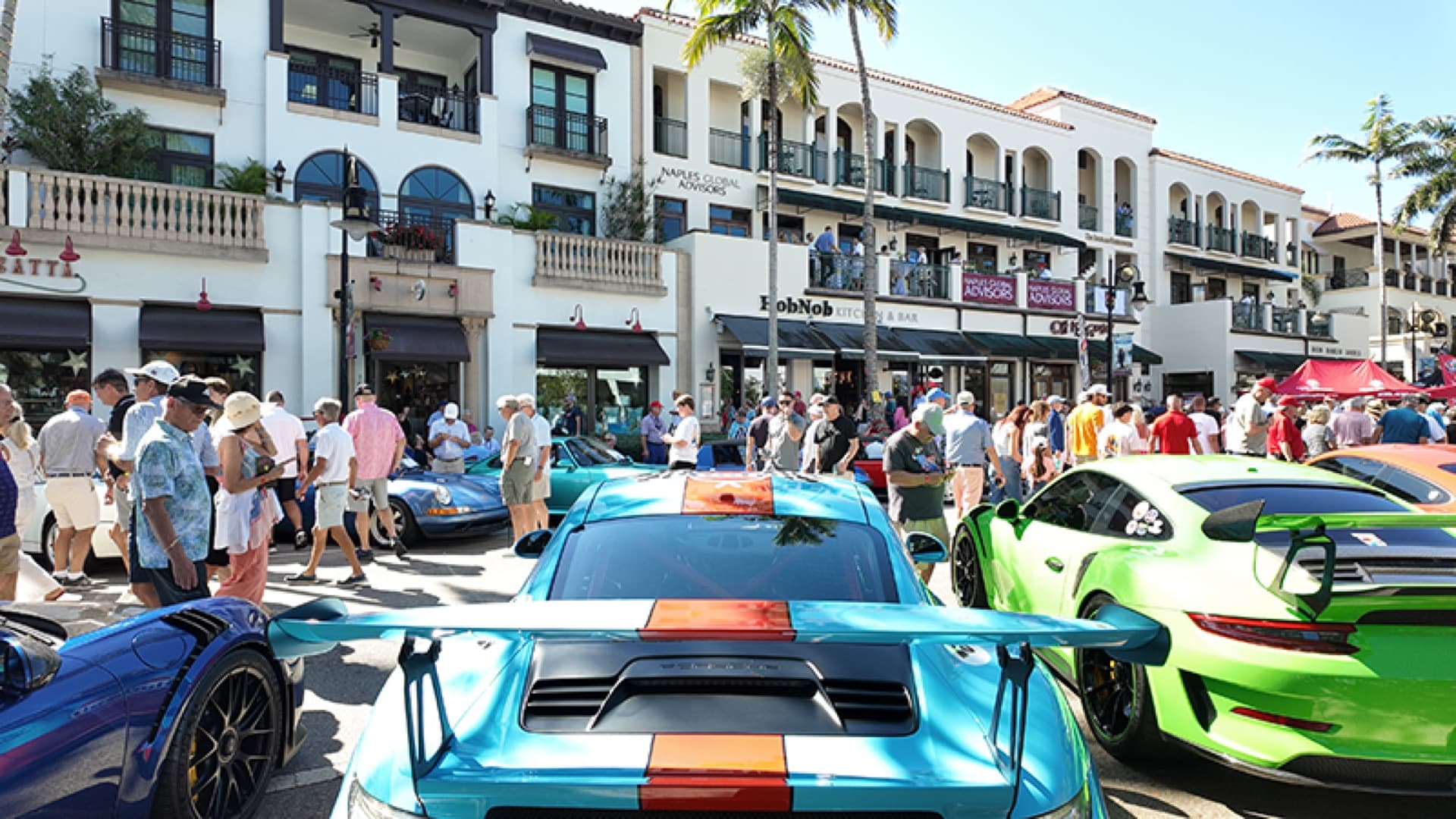 Aerial drone view of cars lined up at a Wrenchworthy event